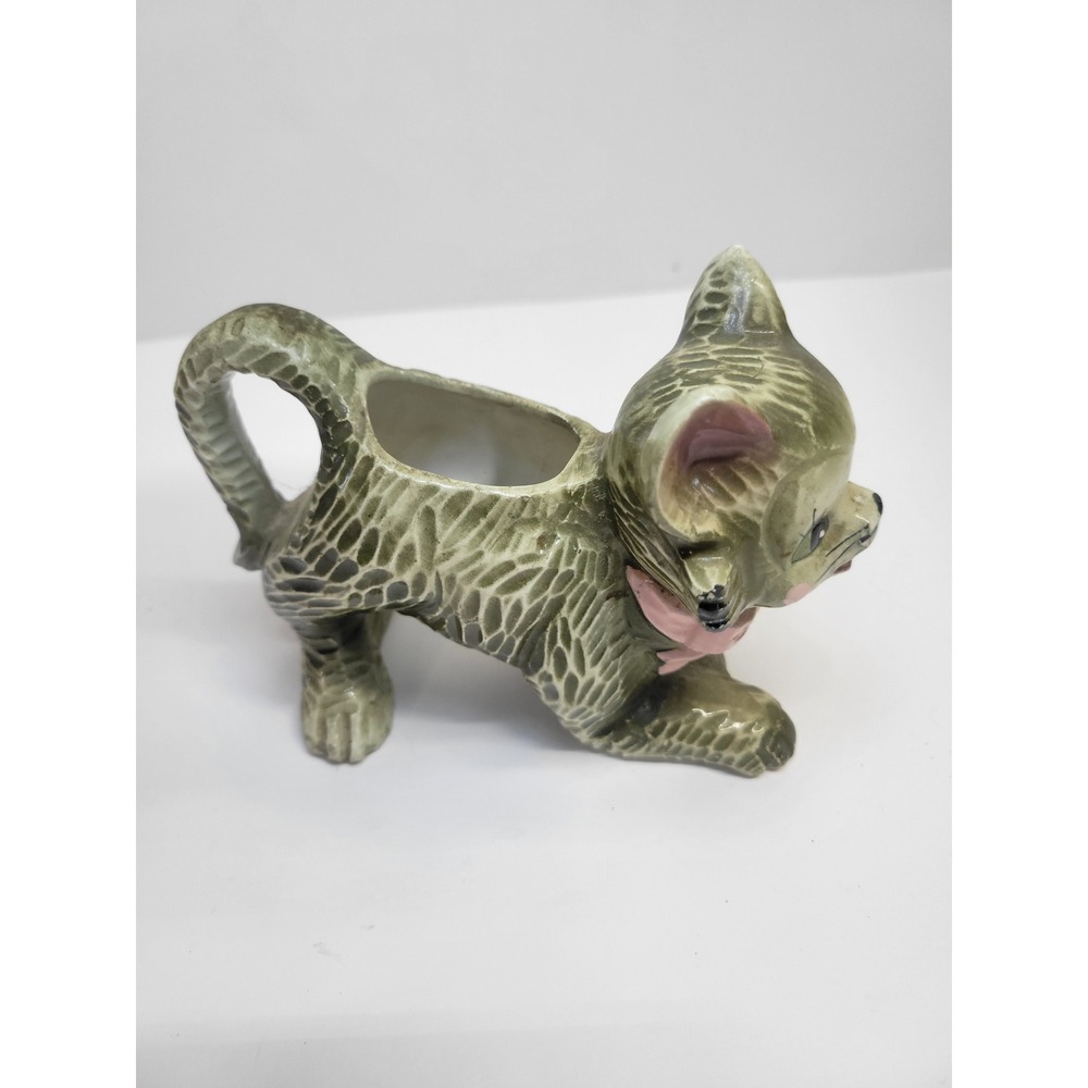 Vintage Ceramic Cat Creamer, Animal Lover Decor, Cute‎ Kitten Collectible, Green